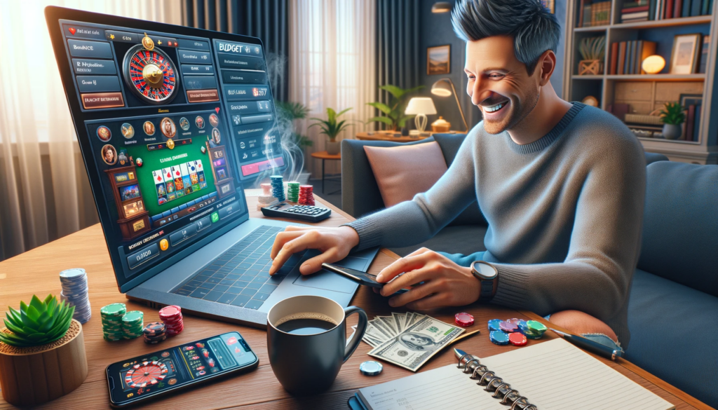 Jugador disfrutando de juegos de casino online de manera responsable y sin riesgos financieros en un entorno hogareño..png