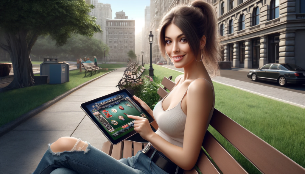 Mujer disfrutando de juegos de casino online de manera responsable con una tablet en un entorno urbano, destacando un enfoque equilibrado y seguro.png